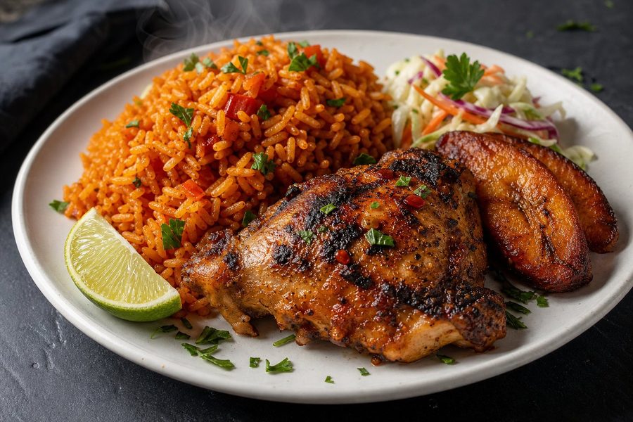 Plated party jollof rice with peppered grilled chicken and fried plantain