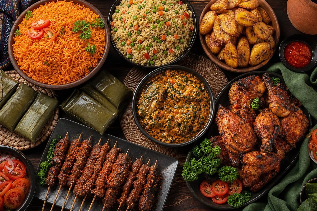 Nigerian party spread of jollof rice, fried rice, plantain, egusi, suya and grilled chicken